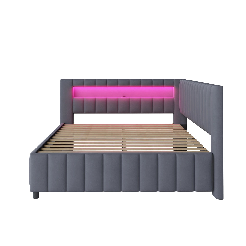 OKWISH Letto a Divano 140×200 cm, Letto Matrimoniale con LED Regolabile, USB e Schienale e Testiera, senza Materasso, Grigio