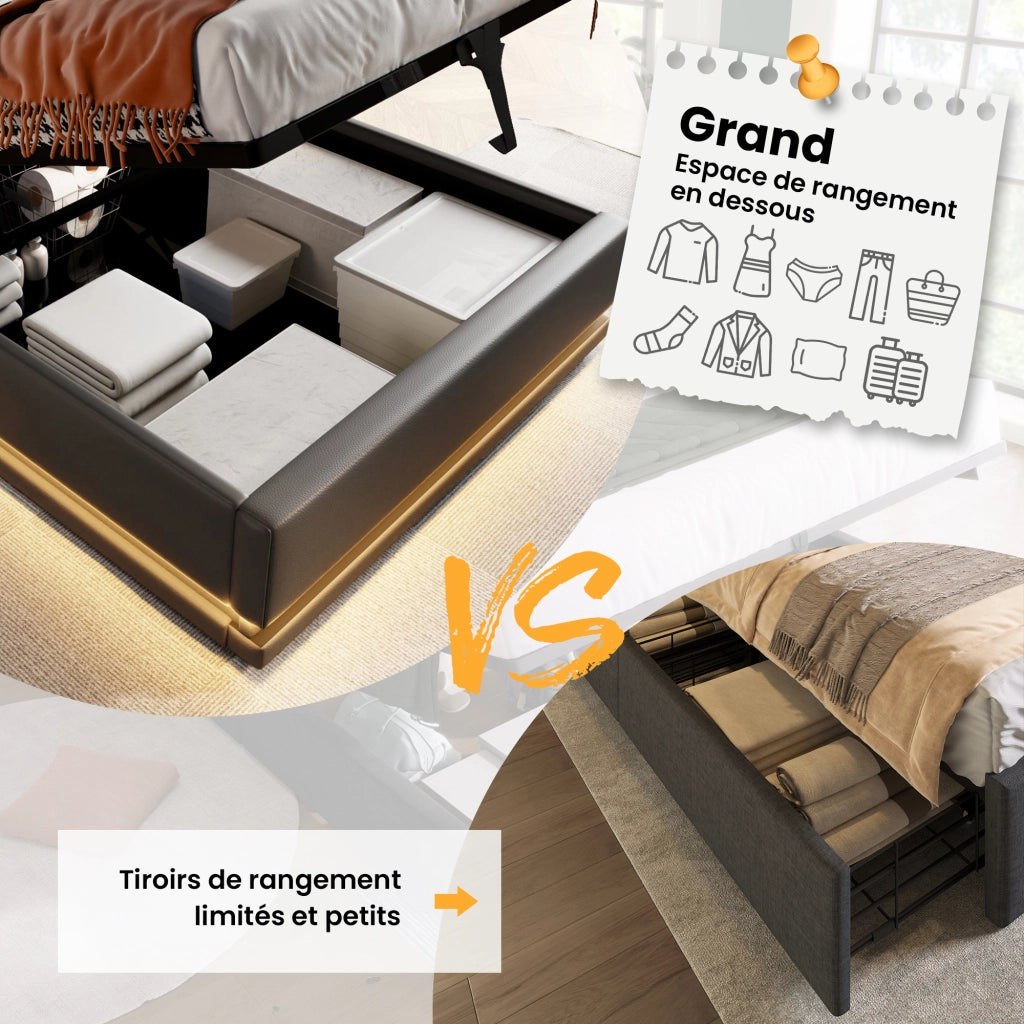 Letto Contenitore Singolo con USB; Tipo C e LED Regolabile 90×200 cm; senza Materasso; in PU; Nero