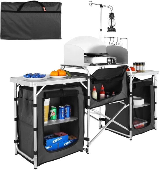 Cucina da Campeggio - Cucina da Campeggio Inclinabile - Cassetta da Campeggio - Cucina da Campeggio - Cucina Esterna - Cucina Mobili - Cassetti - Tavoli - Dimensioni: 174x176x46cm - Colore: Nero