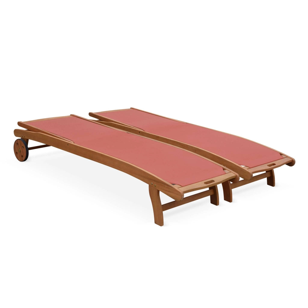 Set 2 lettini prendisole in legno multiposizione con ruote, terracotta