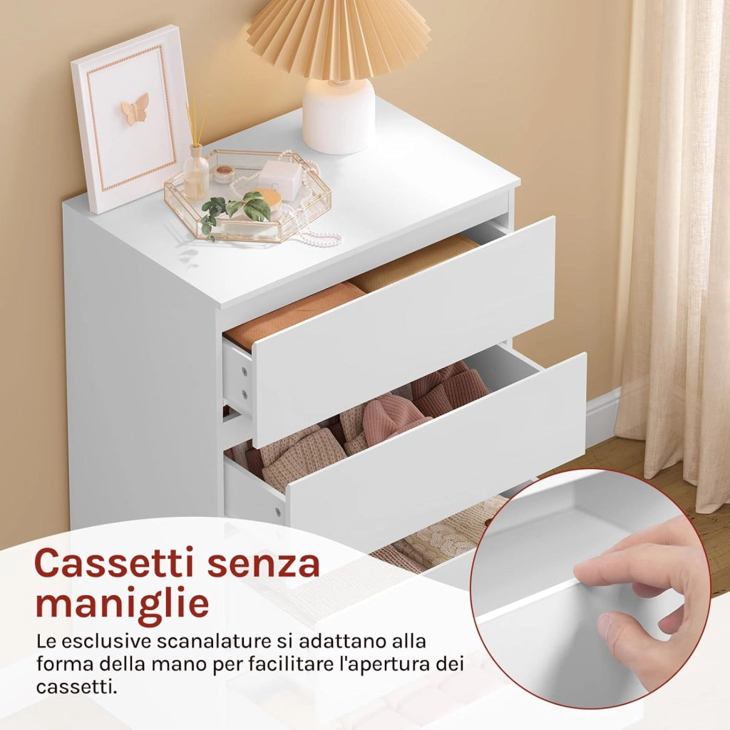 Comò Bianco per Camera da Letto, Cassettiera 4 Cassetti in Legno, Mobile Contenitore per Soggiorno o Ingresso, Dimensioni 60x40x90 cm, KMD004ws