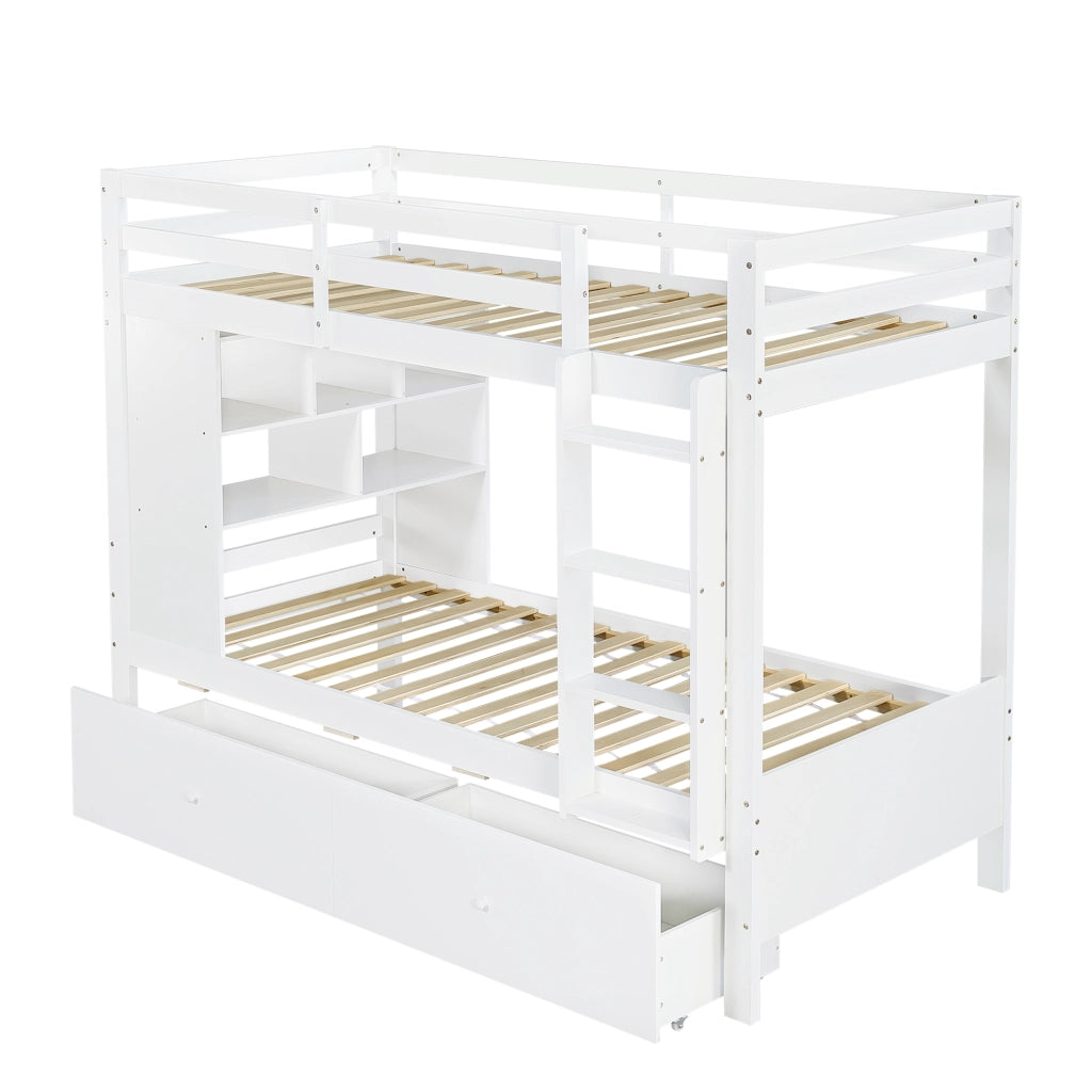 Letto a castello 90x200 cm in legno bianco con 2 cassetti, ripiano e scaletta