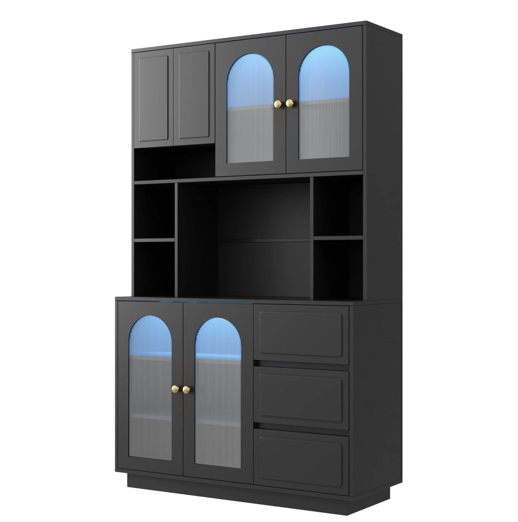 Credenza alta 106x30x175 cm in MDF nero， LED APP e contenitore cucina