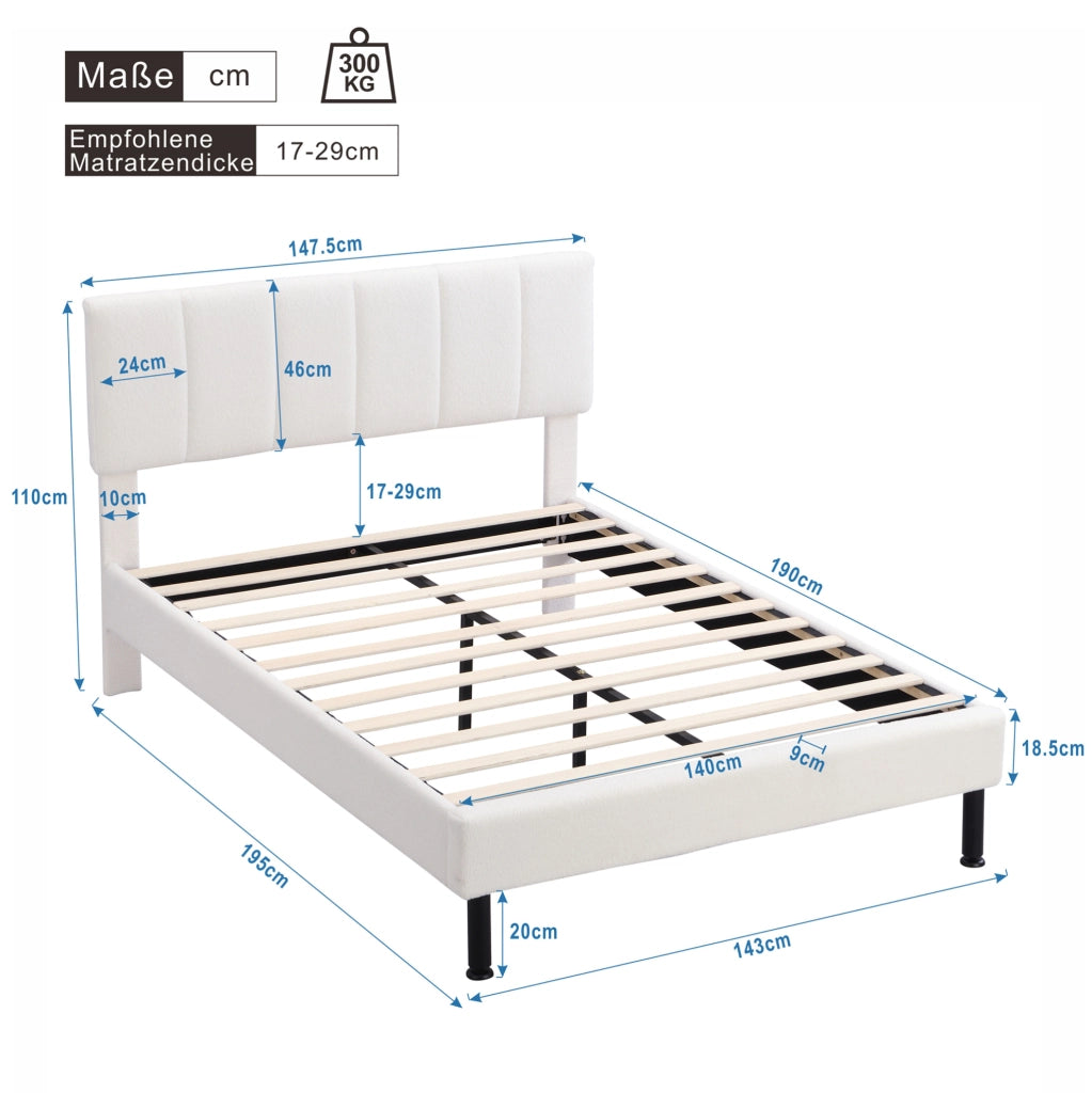 Letto imbottito 140x190 cm in tessuto Sherpa beige con rete a doghe e piedi in ferro