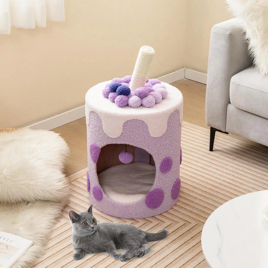 Cuccia per Gatti a Forma di Bubble Tea, Casetta per Gatti con Tiragraffi in Sisal e Palline Appese, Albero per Gattini da Interno, 37 cm x 37 cm x 67 cm (Viola e Bianco)