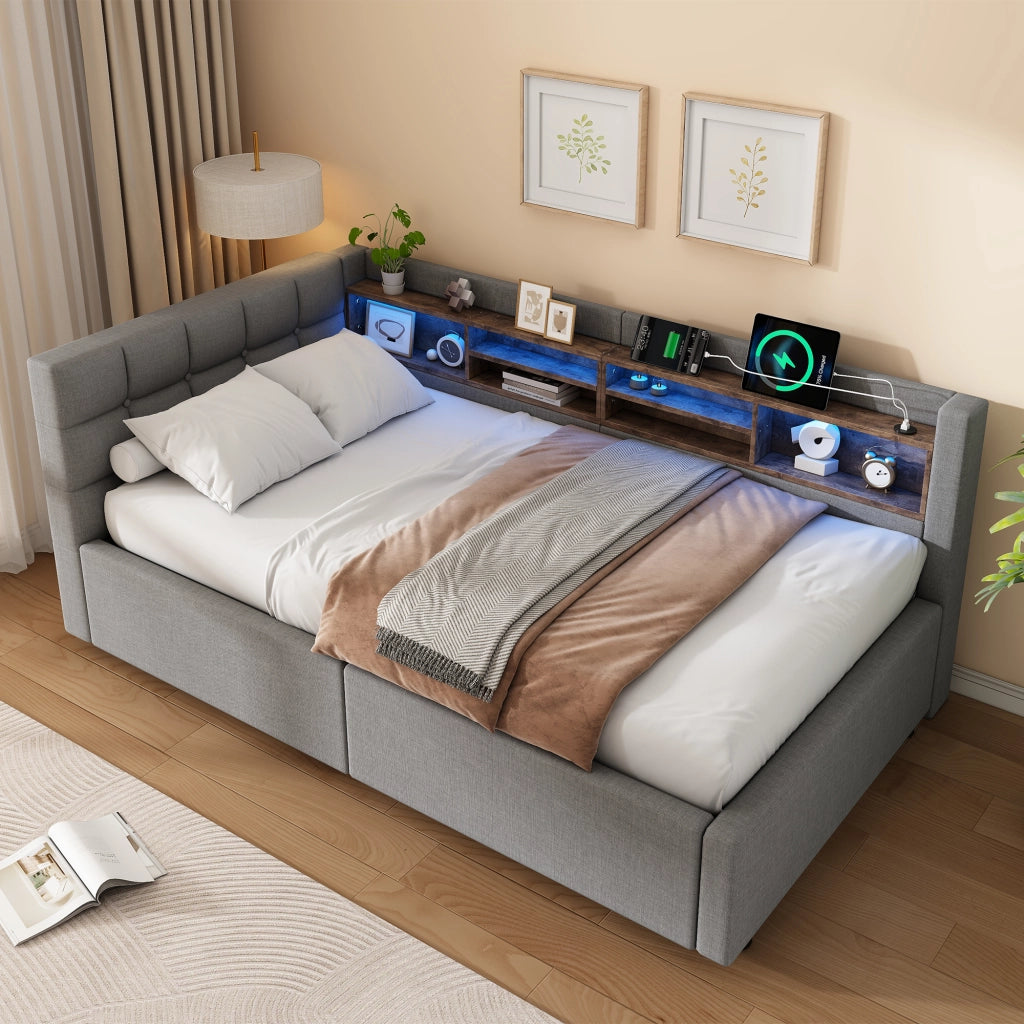Letto contenitore 90x200 cm con LED dimmerabile; testiera con ripiano e prese USB; rivestimento in lino; grigio