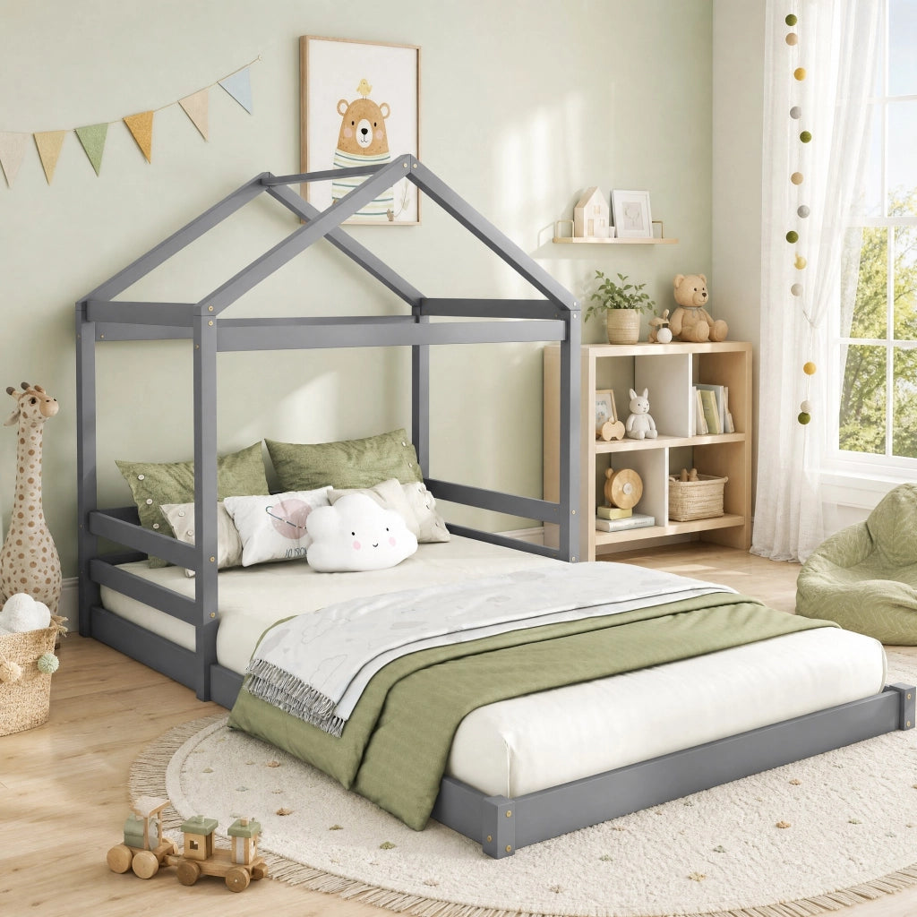 LETTO a casetta 140x200 cm in legno di pino e MDF grigio con rete a doghe