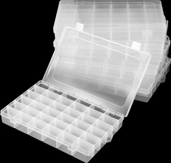 Cassa di archiviazione, 6 pezzi, 36 cassette, trasparente, piccola, plastica, cassa di ordinamento con pareti divisorie rimovibili, cassa di ordinamento per piccoli componenti, gioielli, perle, anelli da orecchio