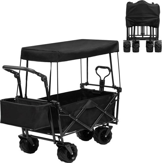 Carrello pieghevole, 100KG, Wagon esterno con tetto, manubrio regolabile e contenitori per bevande, carrello da mano, carrello per giardino, carrello di trasporto, nero