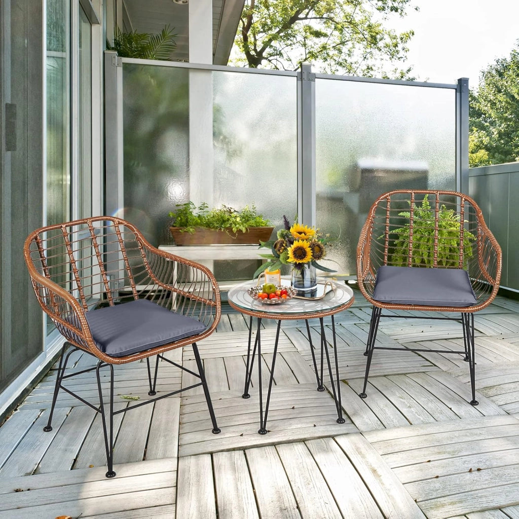 Set di 3 mobili da giardino in rattan, 2 sedie in rattan con cuscino e tavolino in vetro temperato, set da balcone per balcone, terrazza, giardino, marrone