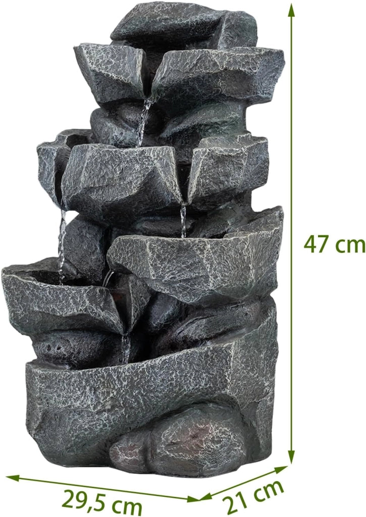 Fontana da Giardino a 5 Livelli, Fontana Cascata da Esterno con Luci e Flusso d'Acqua Regolabile, Fontanella Elettrica a Forma di Roccia con Effetto di Pietra da Terrazza e Balcone