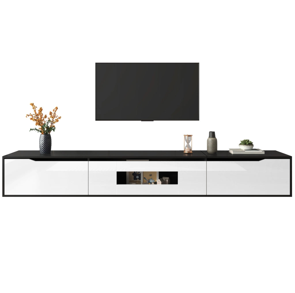 Mobile TV 180 cm lucido nero e bianco con LED; montaggio a parete o a terra
