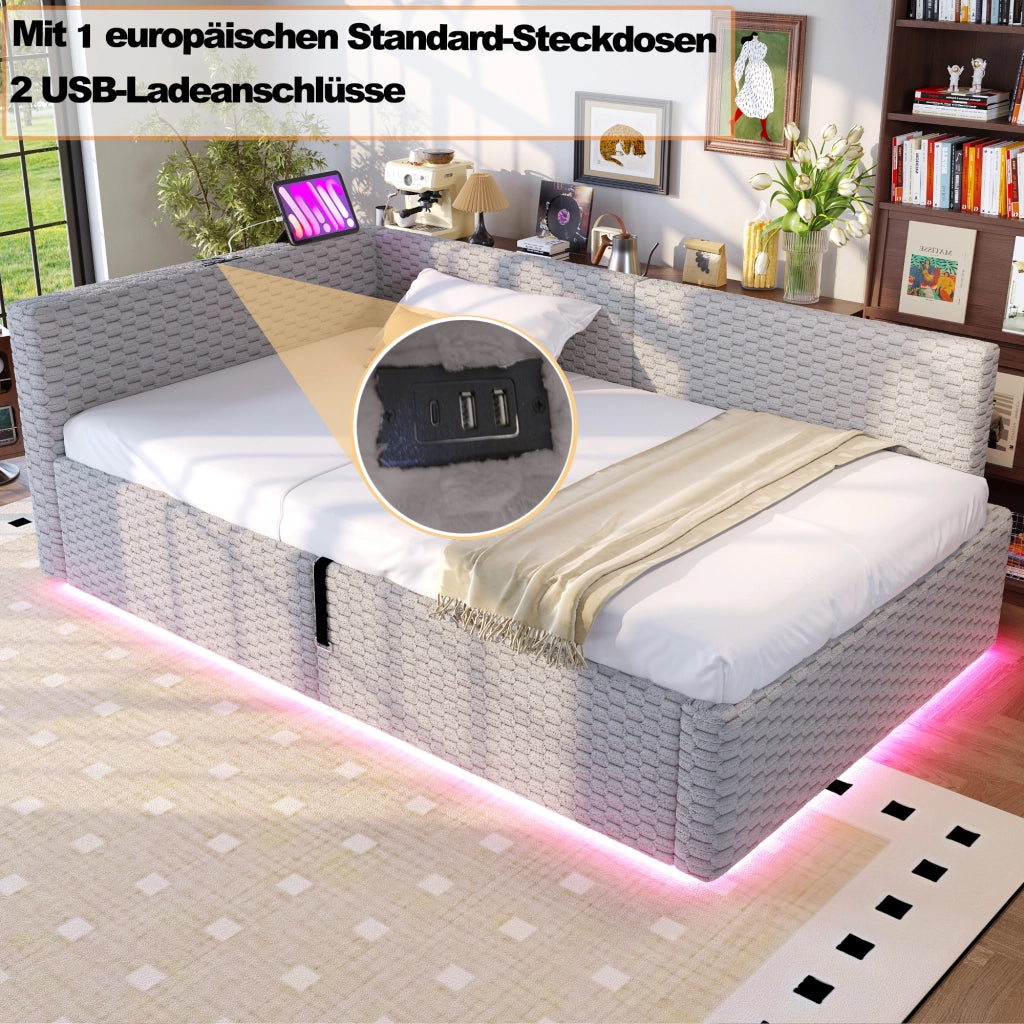 Letto divano 90 × 200 cm con contenitore idraulico, LED, 2 USB et Type-C, senza materasso, in velluto grigio