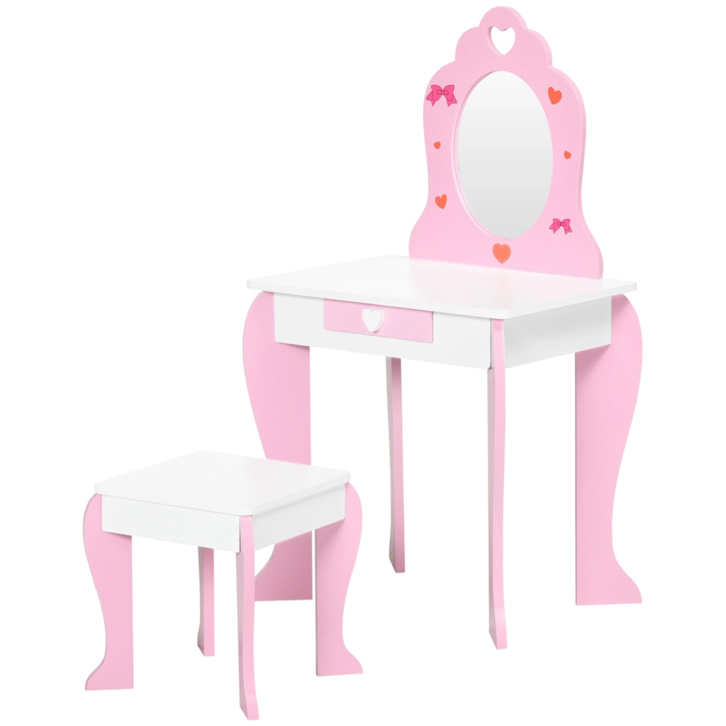 Set Tavolo Trucco con Sgabello, Specchio e Cassetto per Bambini ¨C Zephmum ¨C Bianco e Rosa, MDF