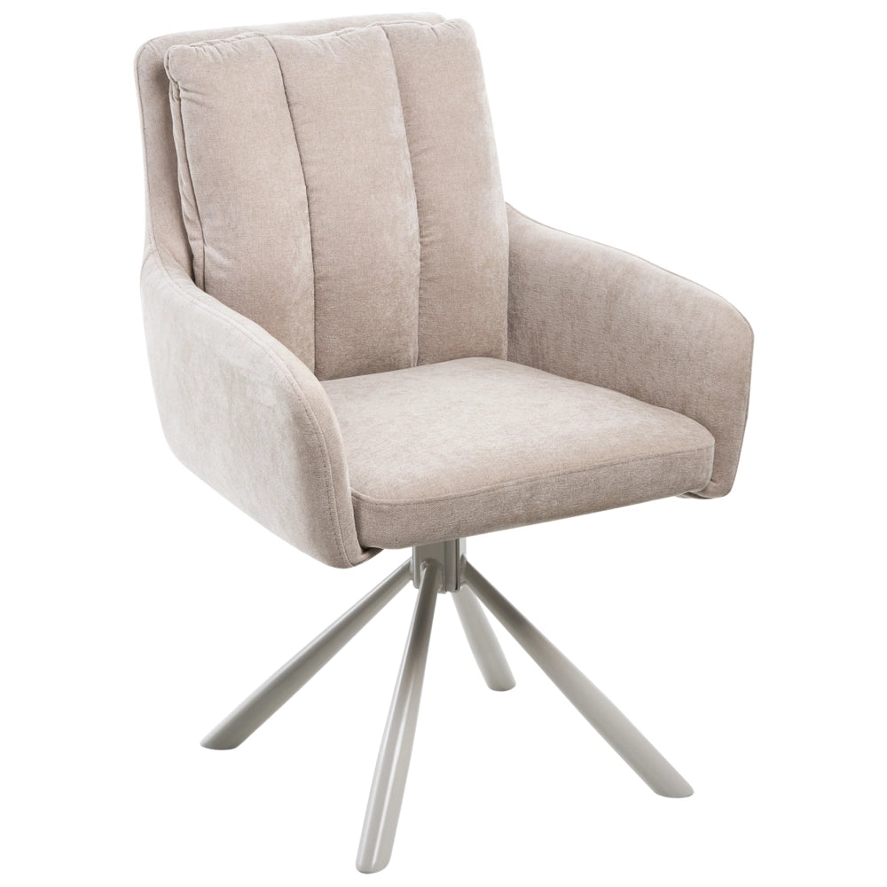 Set di 2 sedie girevoli da pranzo in tessuto beige con braccioli, schienale trapuntato e gambe in metallo, stile retrò-contemporaneo