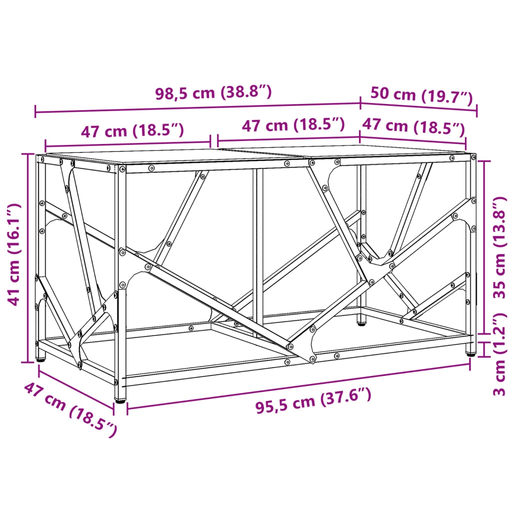 2 pz Tavolini da salotto | Tavolino da caff¨¨ | Tavolino da Soggiorno con Piano Vetro Trasparente 98,5x50x41cm Acciaio
