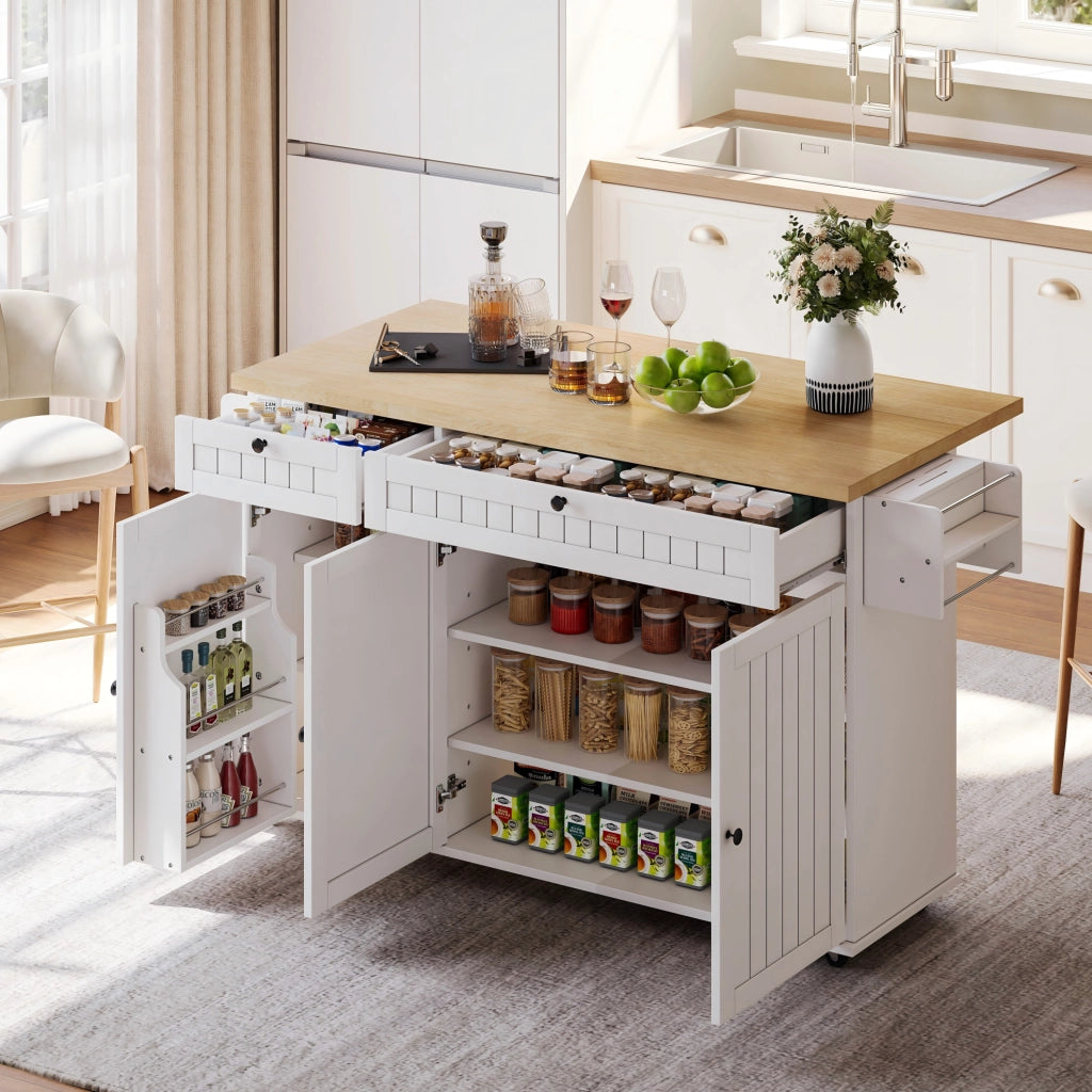 Isola cucina mobile con piano pieghevole e cassetti