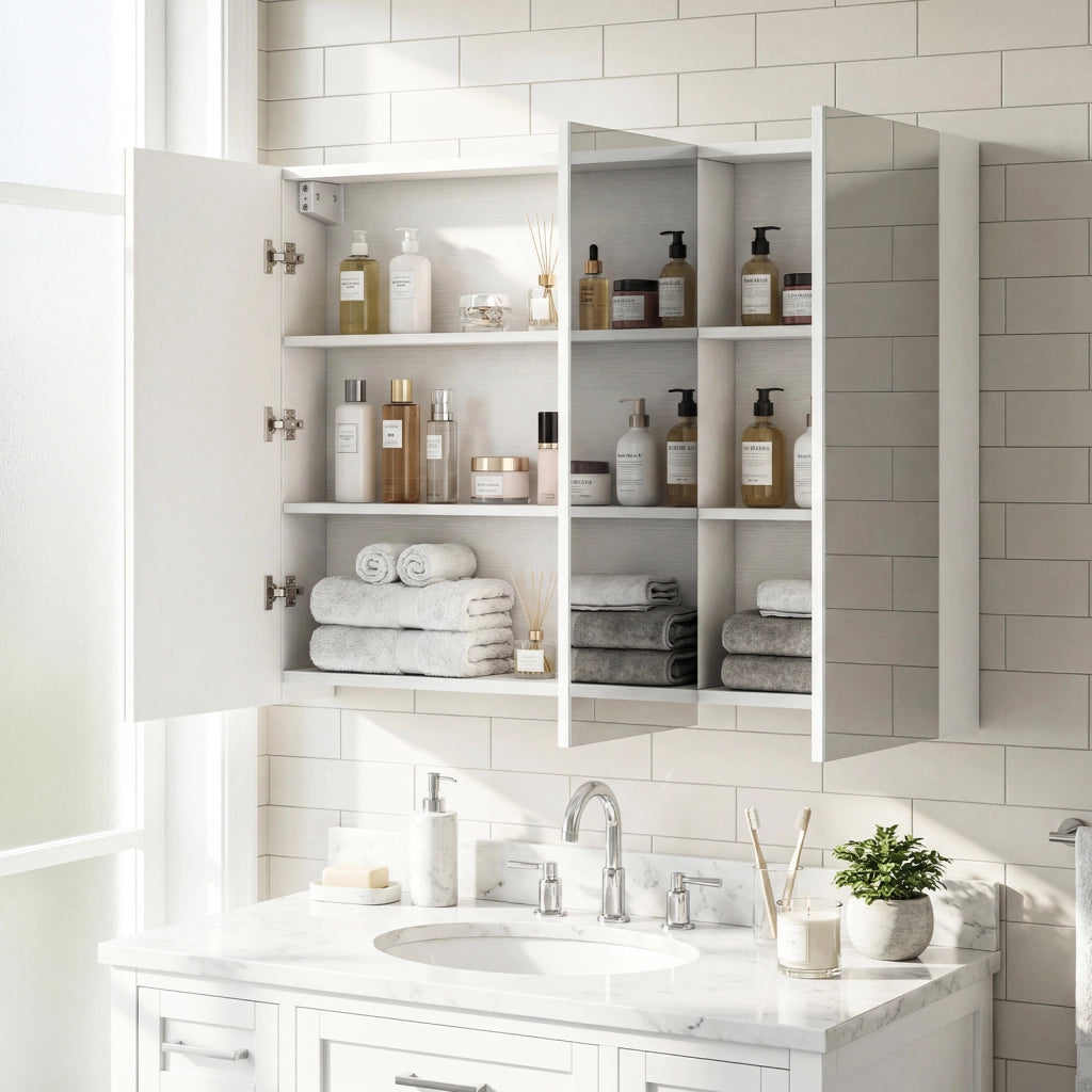 Armadietto bagno specchio 3 ante parete incasso medicinali 6 scomparti, Armadietto effetto legno struttura legno robusta 87cm