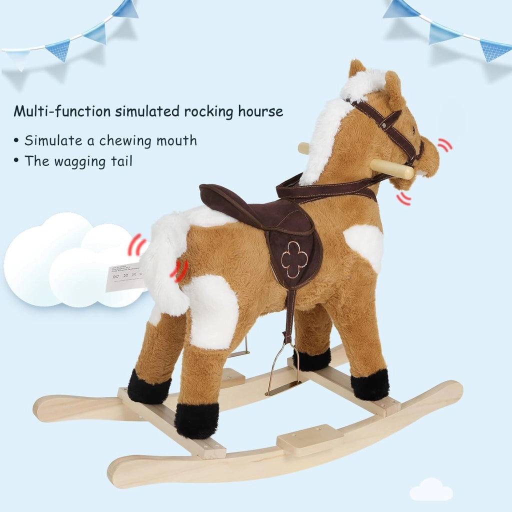 Cavallo a Dondolo in Legno per Bambini, Cavalluccio Cavalcabile in Peluche con Suoni, Giocattolo Regalo per Bimbi 1/2/3 Anni, Marrone e Bianco