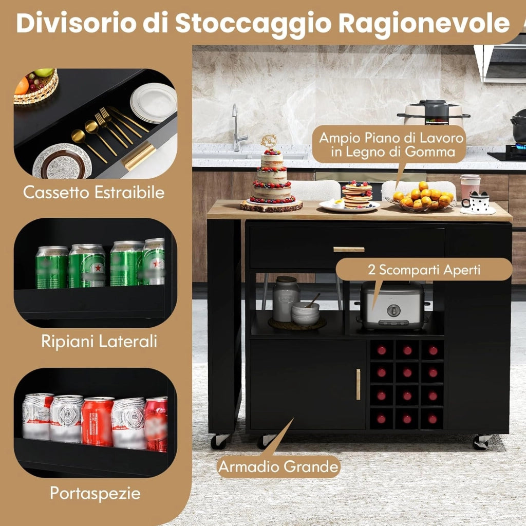 2 in 1 Carrello da Cucina, Carrello di Servizio Reversibile con Piano in Legno di Gomma, Ripiano Regolabile Porta Calici per 12 Bottiglie, 120x40x100 cm (Nero)