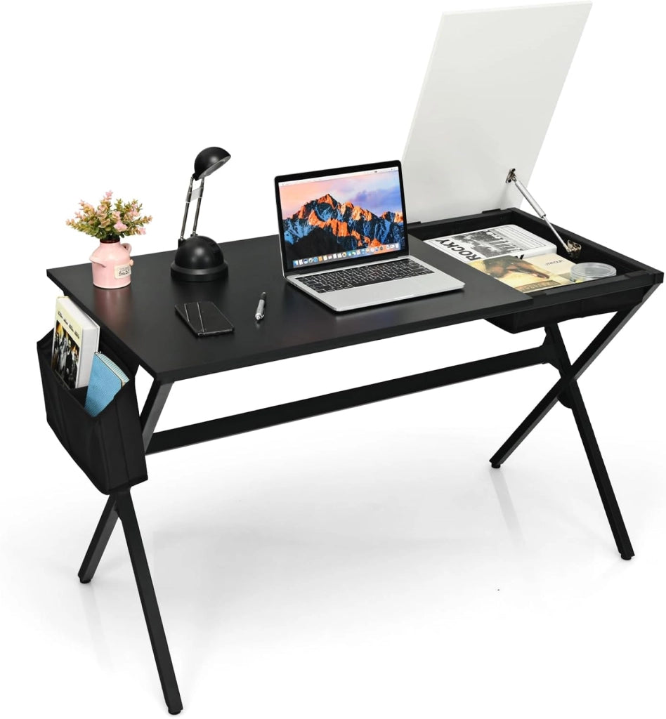 Scrivania per computer con portaoggetti pieghevole, tavolo da scrittura con borsa portaoggetti laterale, scrivania, postazioni di lavoro in telaio metallico,120 x 60 x 73,5 cm