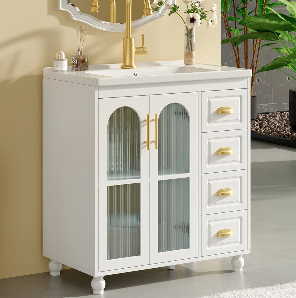 Mobile bagno bianco 80 cm con lavabo in porcellana e 3 cassetti