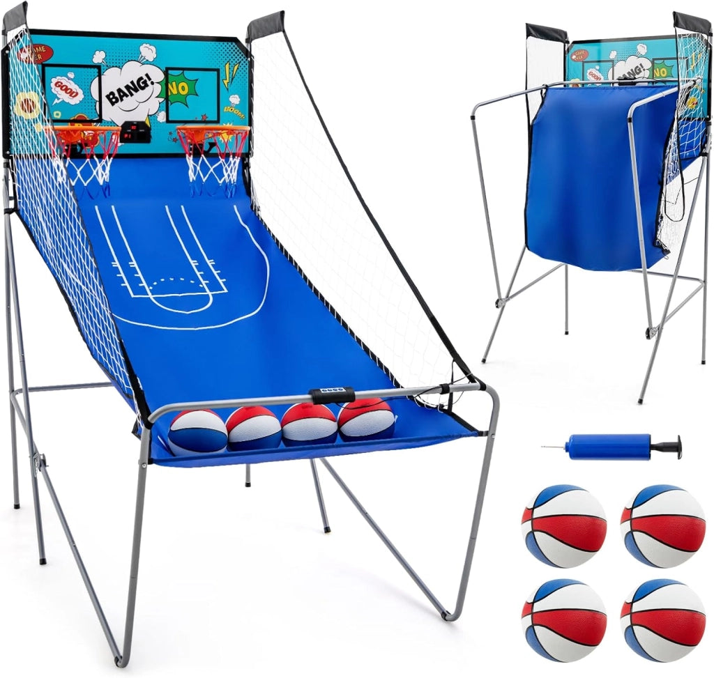 Macchina da Pallacanestro Elettronica Pieghevole, Gioco Arcade da Basket a Doppio Tiro per Casa con 8 Modalità di Gioco, Suono Arcade, Punteggio Elettronico, 4 Palloni e Pompa (Azzurro)