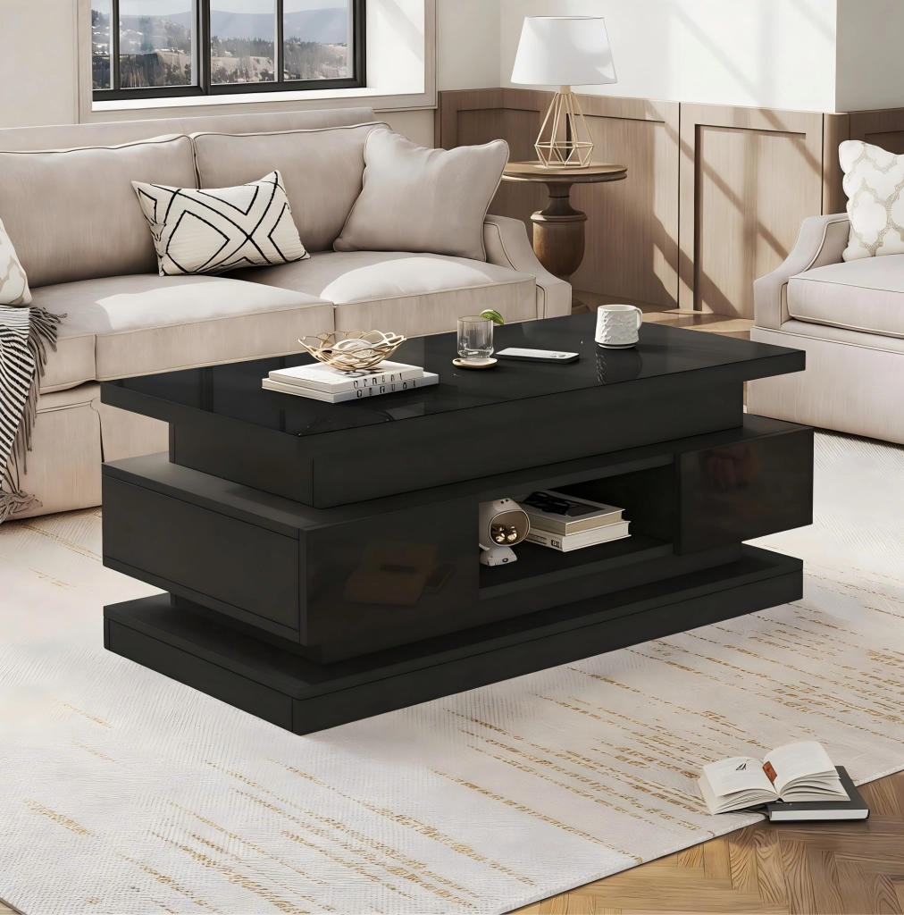 Tavolino da salotto sollevabile 100 x 50 x 40 cm in truciolare nero lucido con LED e 2 cassetti