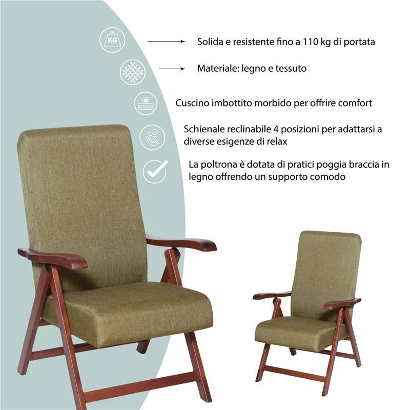 POLTRONA MIAMI NOCE VERDE IN FAGGIO CON IMBOTTITURA POGGIATA SU CINGHIE SCHIENALE REGOLABILE IN QUATTRO POSIZIONI