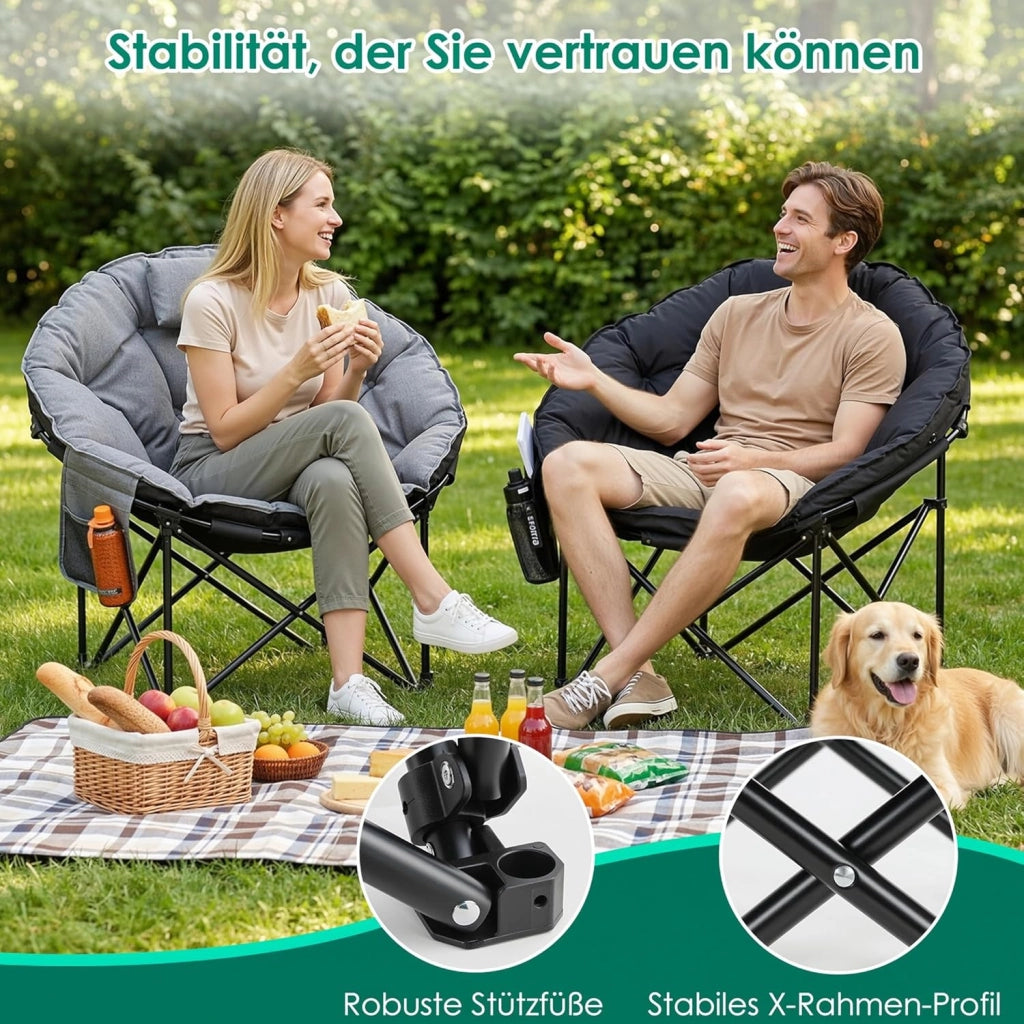 Sedia Pieghevole da Campeggio 150KG, Sedia da Campo Portatile, Moonchair imbottita XXL, con Poggiatesta, Tasca Laterale, borsa per il trasporto, per Giardino, Spiaggia, Trekking, Pesca, Grigio