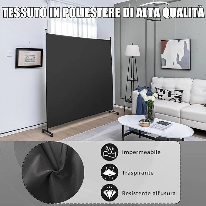 Separé Divisorio Singolo 184 x 184 CM, Paravento da Interno ed Esterno con Ruote Bloccabili, Pannello Divisorio per Ambienti Interni Portatile da Soggiorno Camera da Letto e Ufficio (Nero)