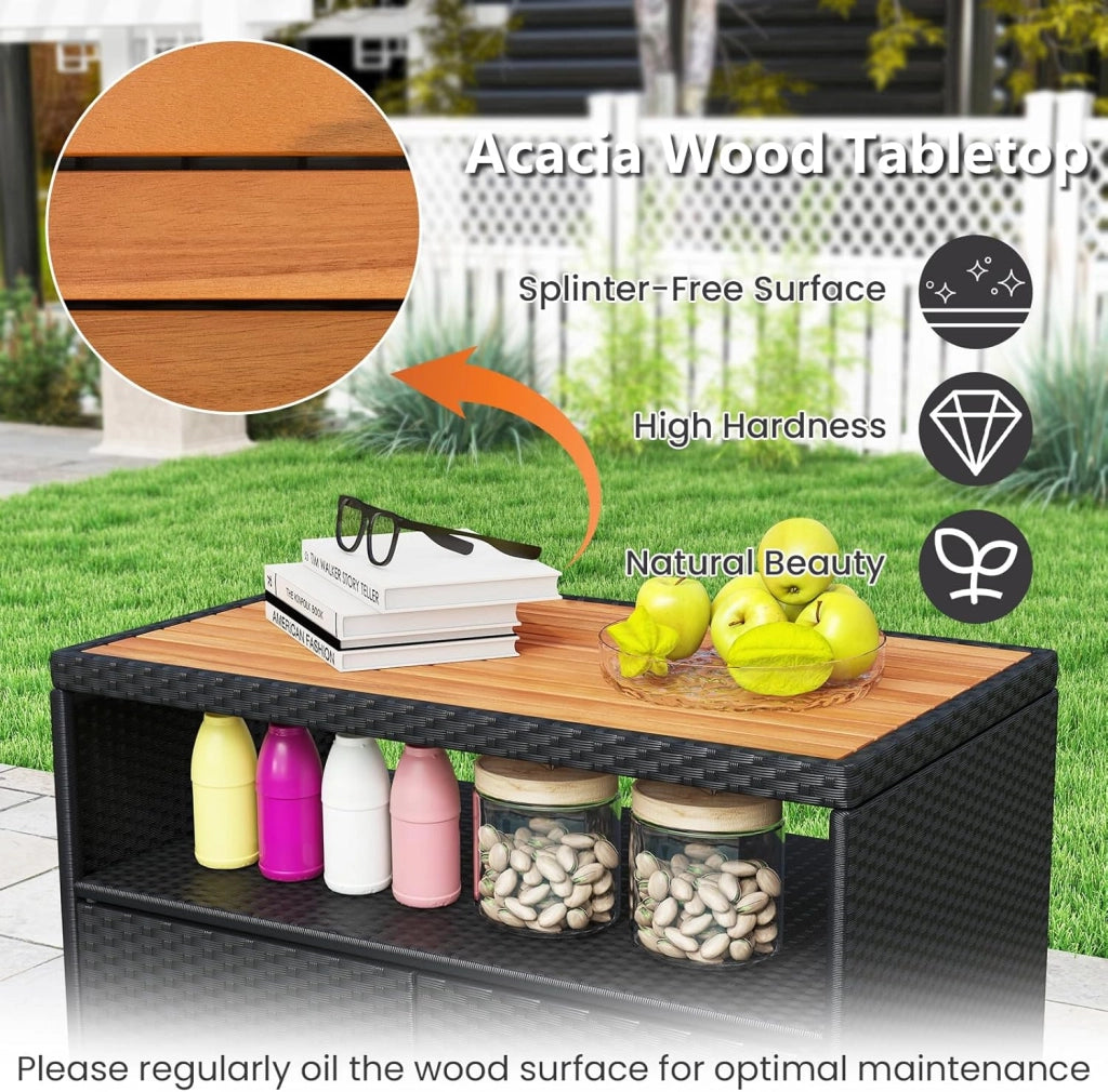 Armadietto da Giardino in Rattan con Piano di Lavoro e Scaffale, Ideale per Esterni, Giardino, Balcone e Piscina, 90 x 53 x 66 cm