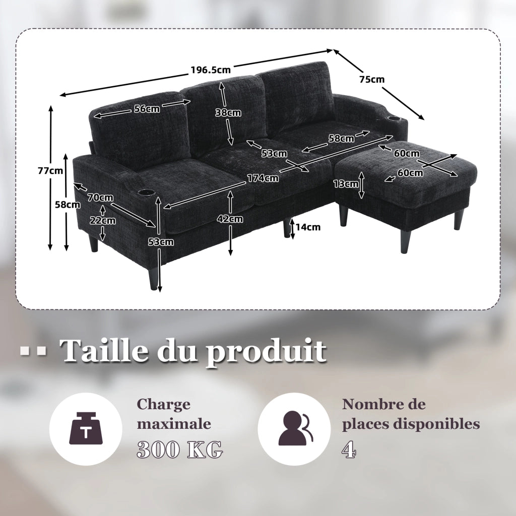 OKWISH Divano Modulare 4 Posti con Pouf Contenitore, Portabicchieri e Tasche Laterali, Ciniglia Nero