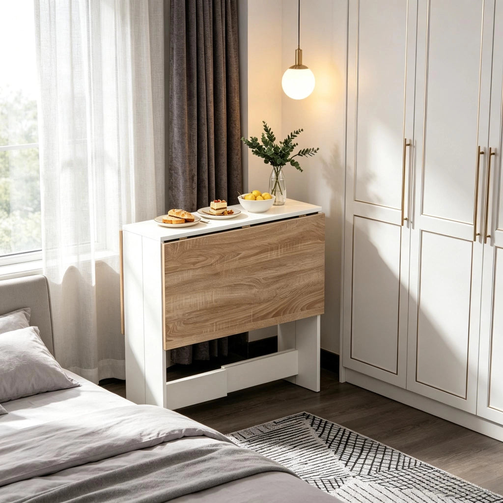 Tavolo allungabile con piano pieghevole, struttura in MDF, design bicolore rovere bianco, per cucina e soggiorno