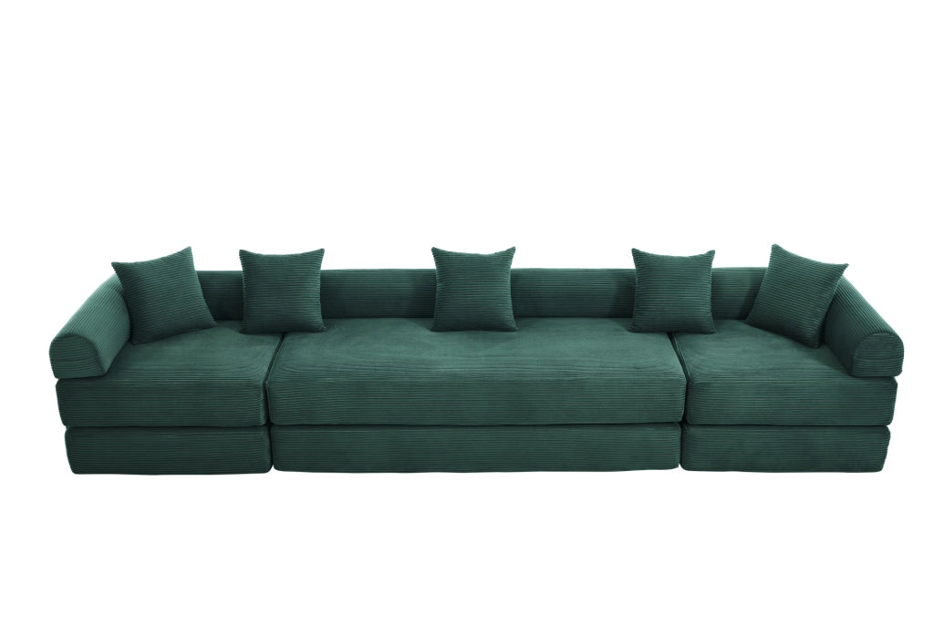 Divano modulare 270x180x64 cm trasformabile in letto; con tasca laterale; corduroy smeraldo
