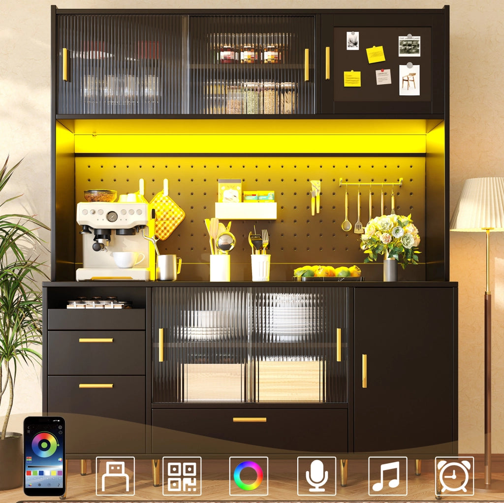 Credenza ULEVR 140x40x180 cm con vetrine, cassetti, ripiani regolabili e LED multicolore, nera