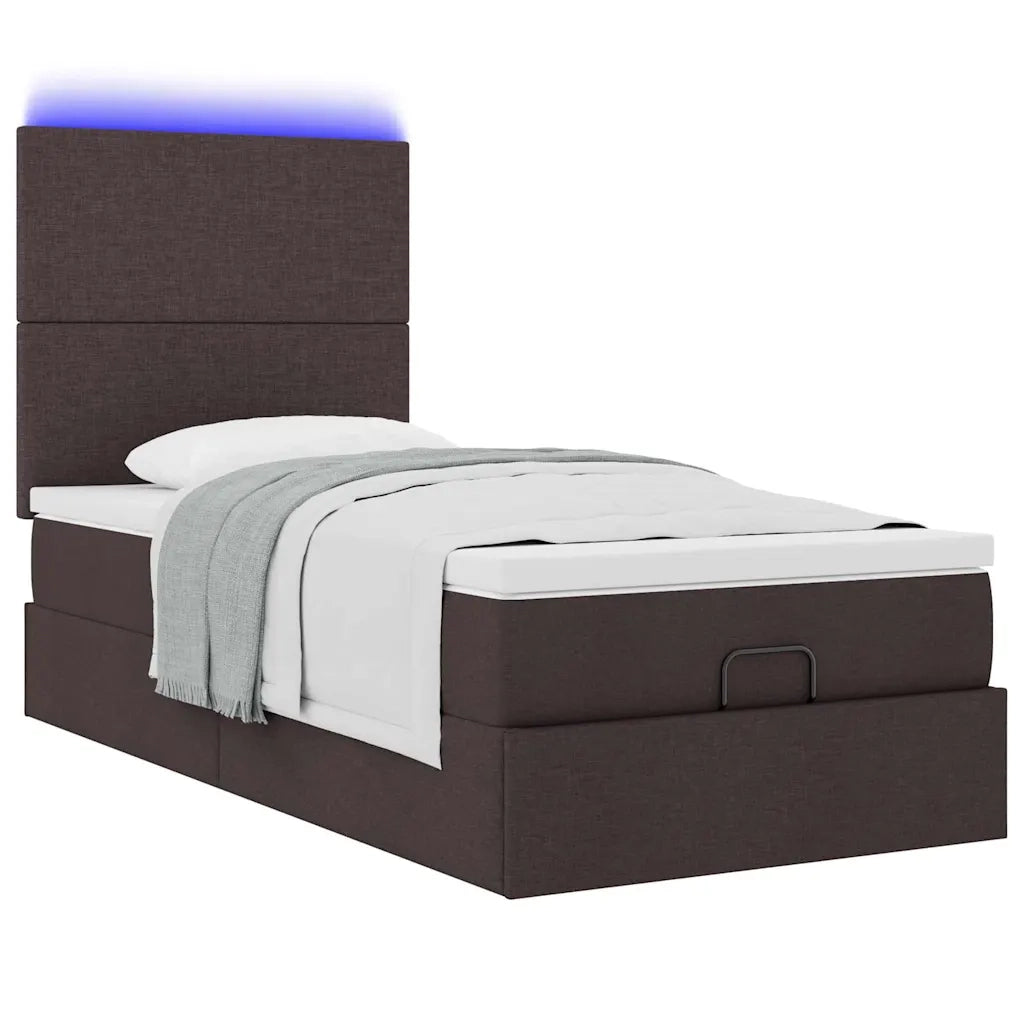 Pouf Letto con Materasso e LED Marrone Scuro 90x200 cm Tessuto