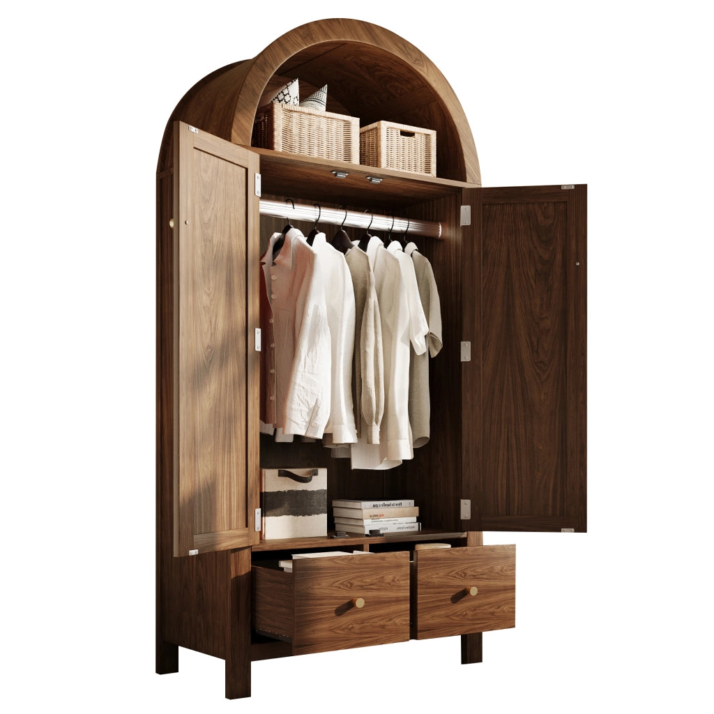 Armadio con anta ad arco, effetto noce, inserti in rattan, 2 cassetti e asta appendiabiti