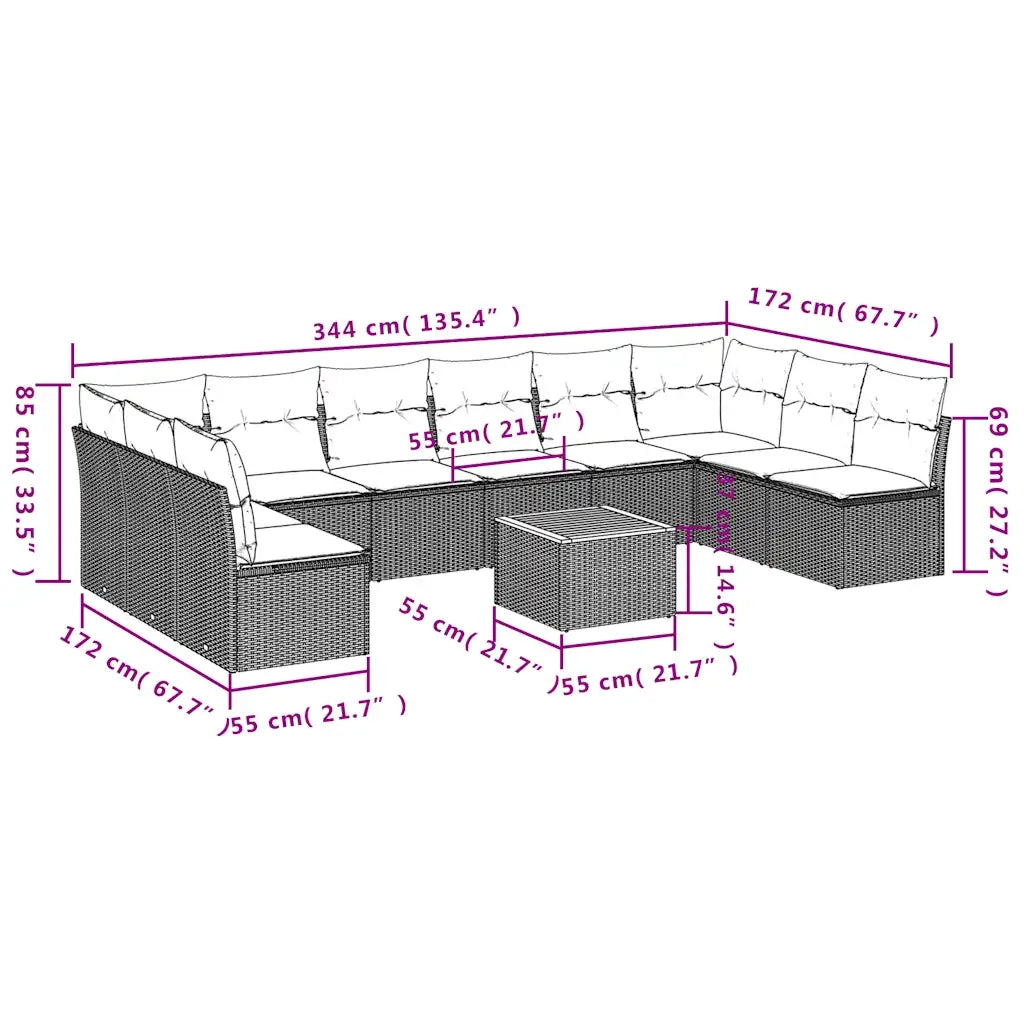 Set Divani da Giardino 11 pz con Cuscini in Polyrattan Nero 3256126