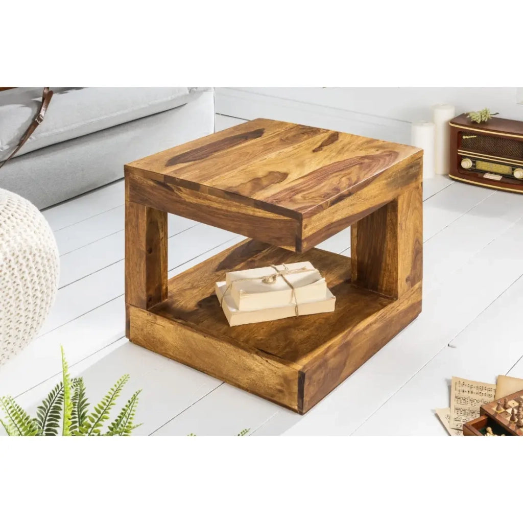 Tavolino GRADI 45 cm in legno massiccio di Sheesham - Tavolino quadrato compatto con vano portaoggetti