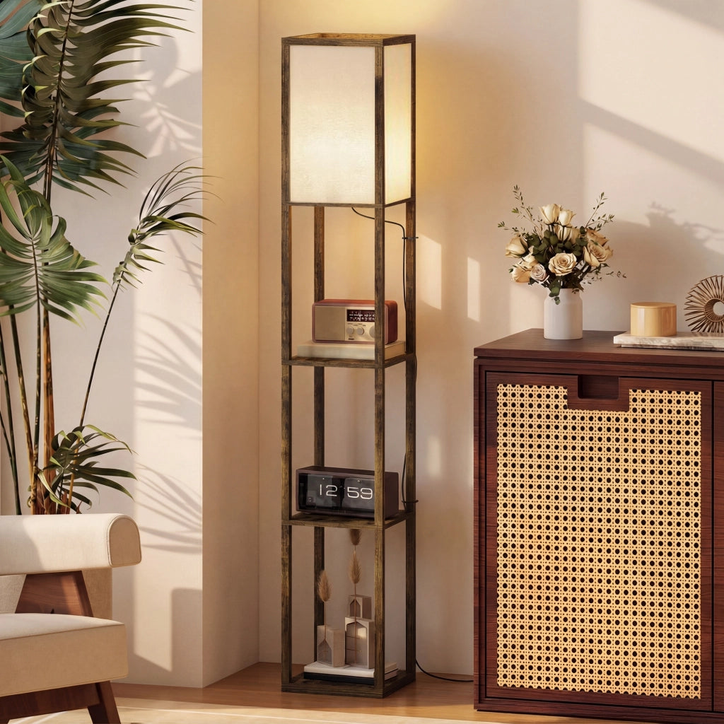 Libreria con Lampada da Terra 3 Ripiani ¨C Zephmum ¨C Legno Marrone 26x26x160 cm