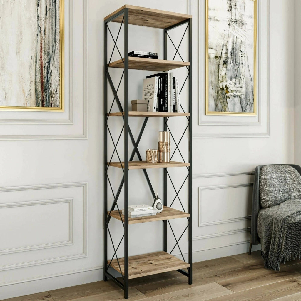 Libreria Yara, Scaffale da ufficio, Mobile portalibri, Biblioteca, 50x30h180 cm, Quercia e Nero