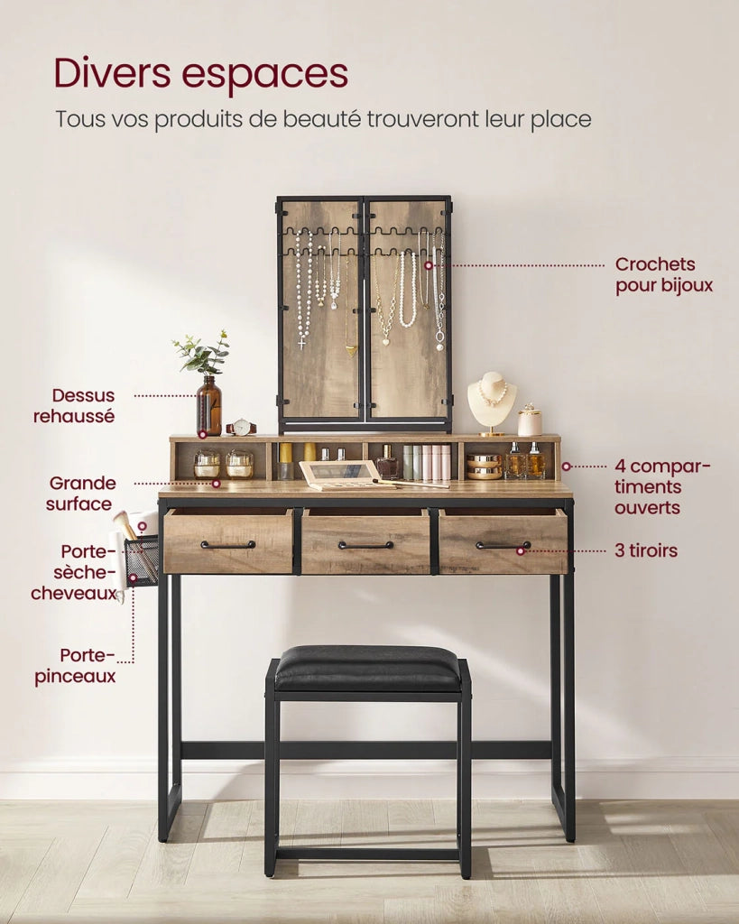 Set da toeletta con sgabello 40 x 90 x 141 cm imbottito con triplo specchio 3 cassetti portaphon e contenitore portaoggetti. Stile industriale marrone rustico e nero. 12_0005420