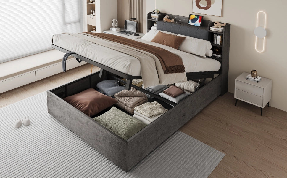 DESMIU Letto contenitore 180 × 200 cm 2 posti con vano idraulico, USB, Type-C e ripiani, senza materasso, in MDF, grigio