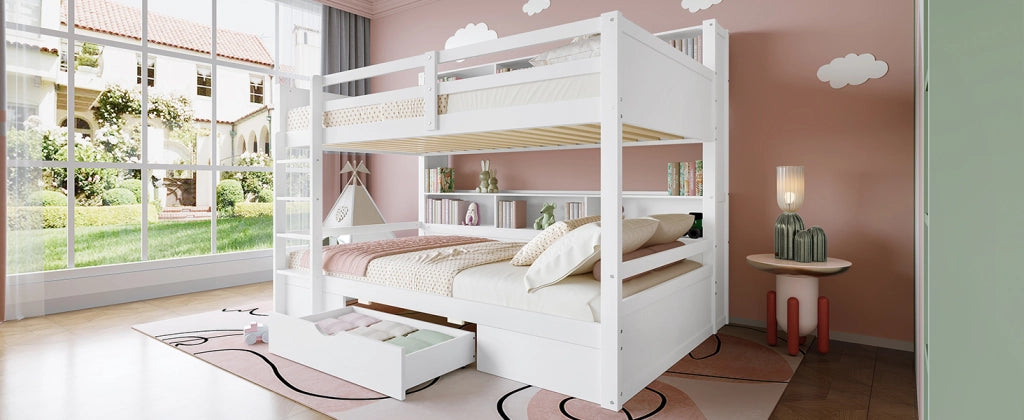DESMIU Letto a castello 90 × 200 cm 2 posti con vani laterali e cassetto, senza materasso, bianco