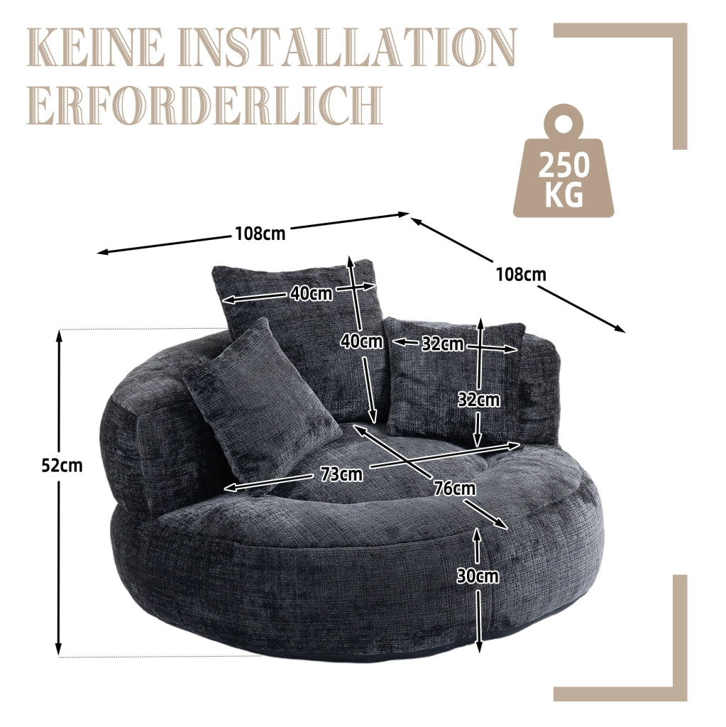 Poltrona sacco relax in ciniglia nera 108x108x52 cm con schienale alto e braccioli