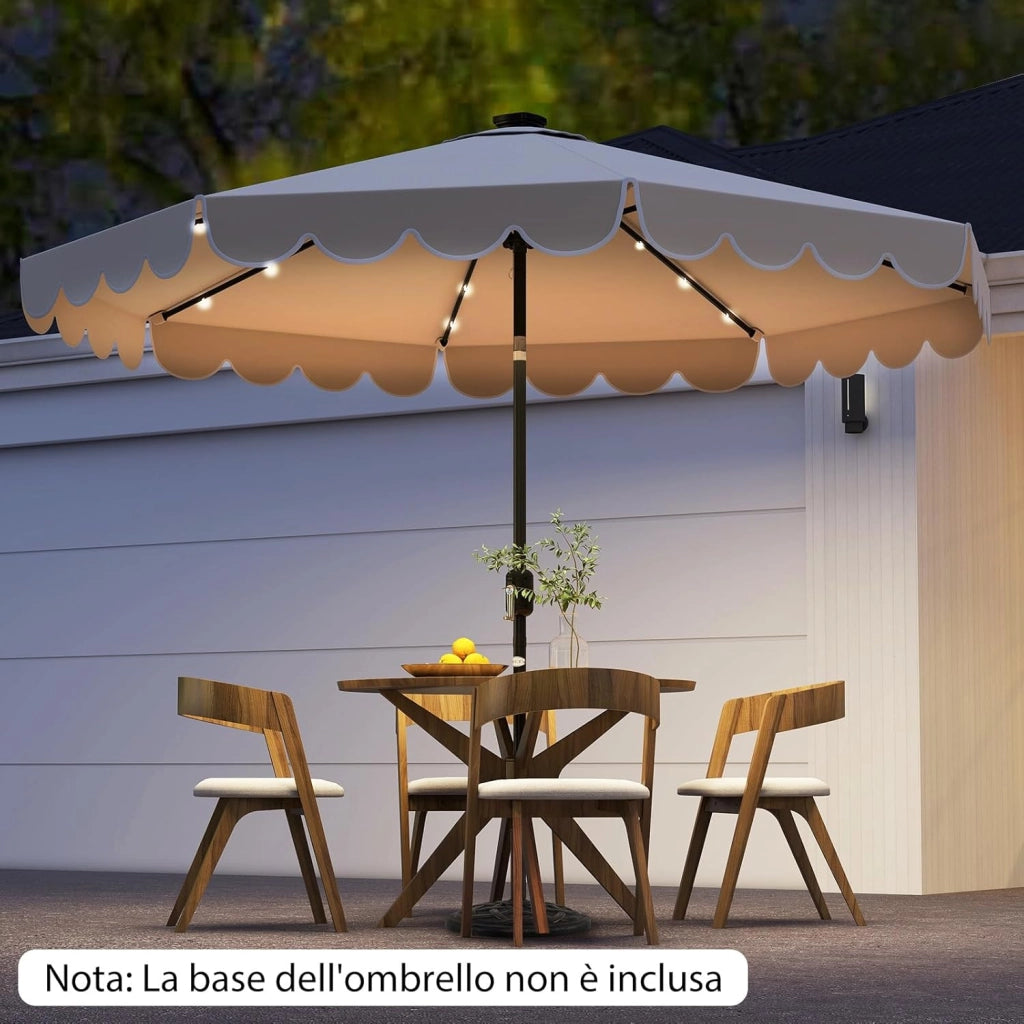 Ombrellone da Giardino 300 cm, con 24 Luci LED Solari, Inclinazione Regolabile, Manovella, 8 Stecche, Anti-UV, Top Ventilato, Idrorepellente, Giardino Piscina Patio (Beige)
