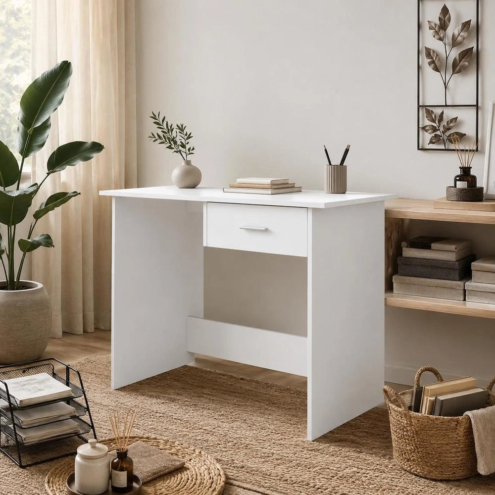 Modern White Desk With Drawer, Wooden Computer Table For Home Office Bedroom Small Space, Easy Clean Surface, 100x50x76 Cm