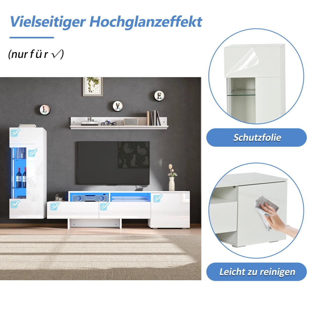 Parete attrezzata TV 3 pezzi bianca con LED, mobile TV 170 cm e pensile