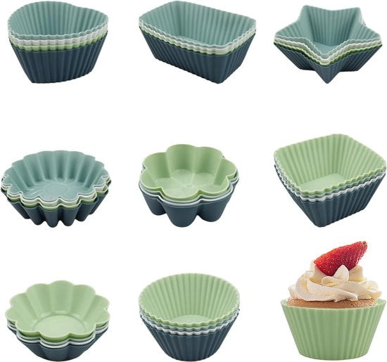 32 pezzi di muffin in silicone, forma per muffin in silicone riutilizzabile, forme per cupcake in silicone, forma per muffin in silicone, silicone, BPA libero, anticongelante, 8 stili, 4 colori